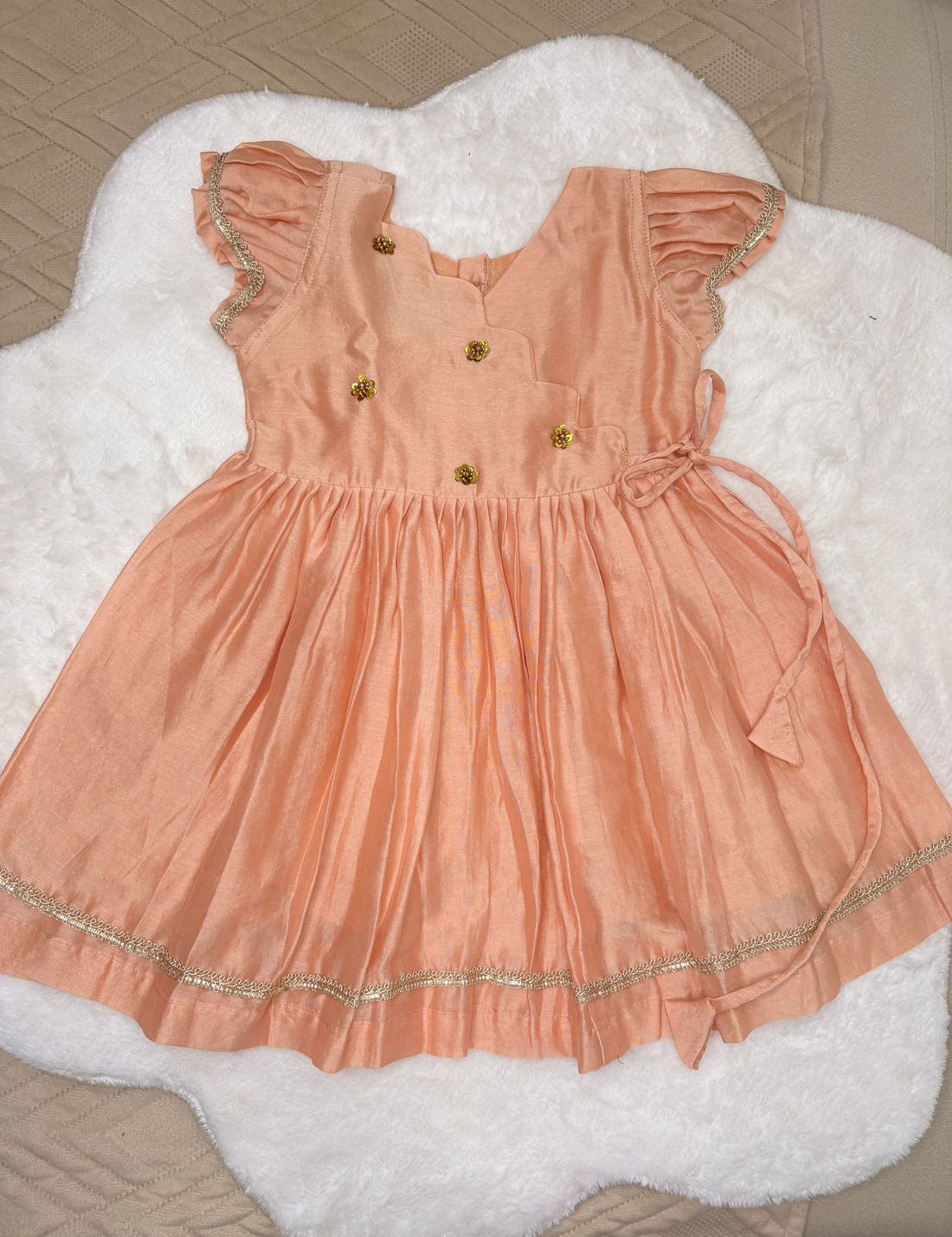 Peach Chanderi Silk Hand-Embroidered Angrakha Frock