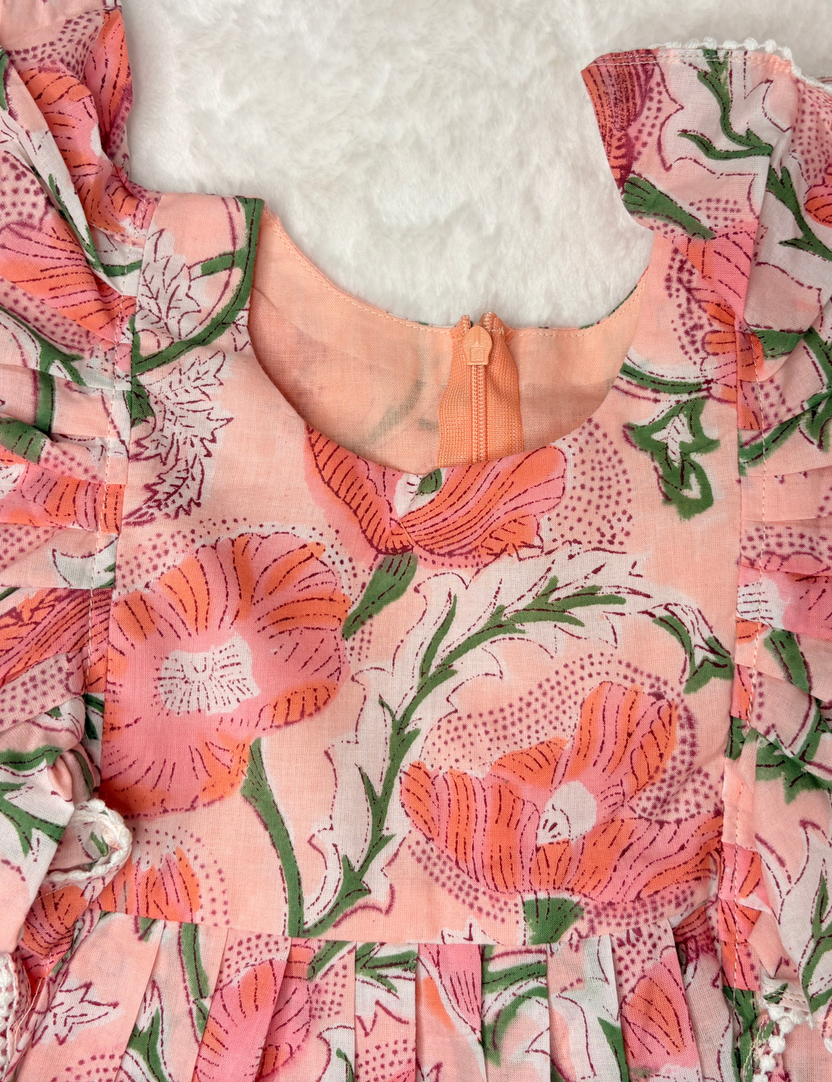 Peach Floral Pure Jaipur Handblock Cotton Dress