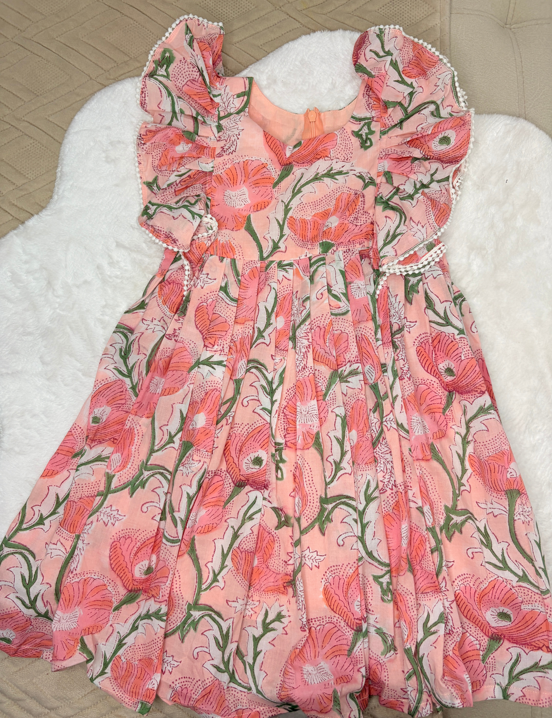 Peach Floral Pure Jaipur Handblock Cotton Dress