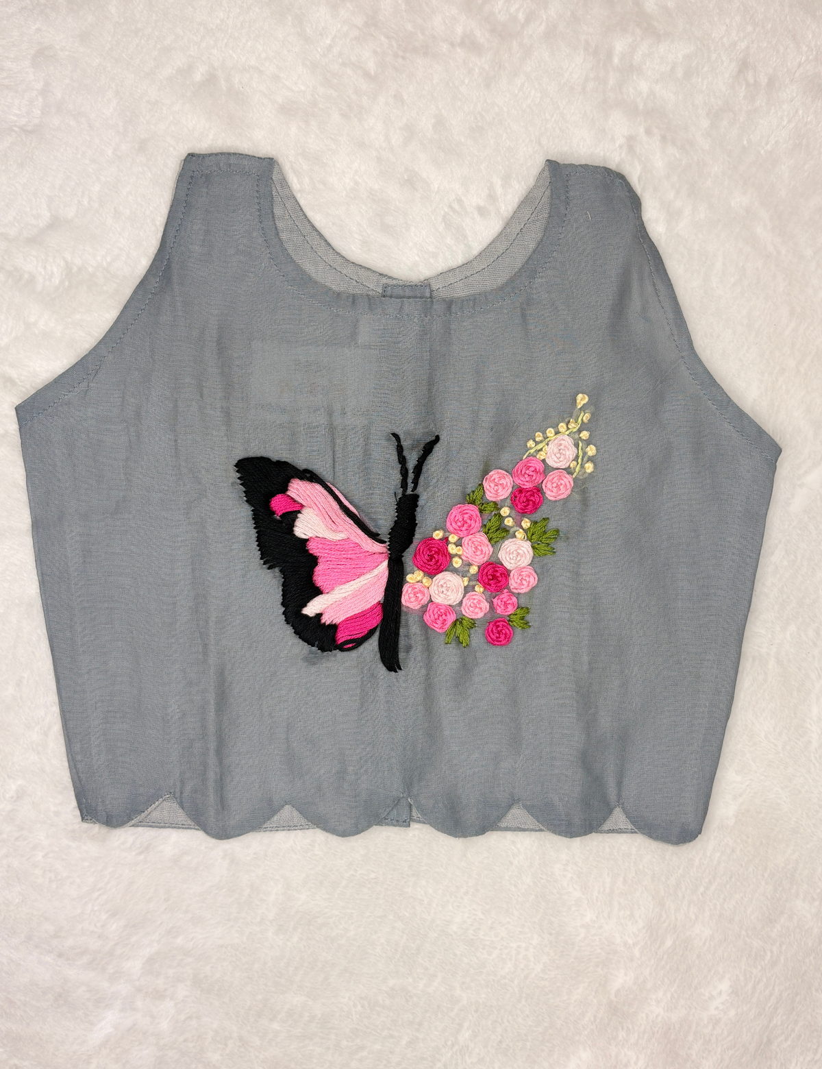 Unique Butterfly Hand-Embroidered Chanderi Top & Kota Silk Skirt Set