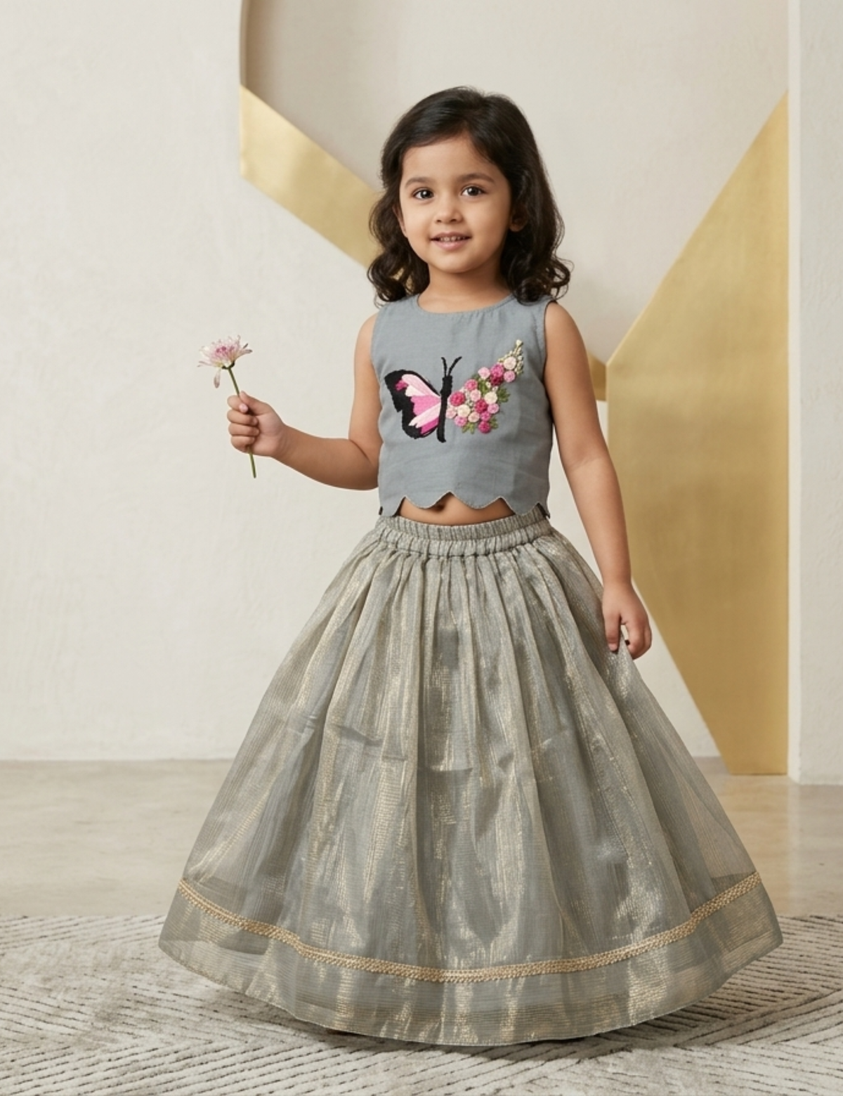 Unique Butterfly Hand-Embroidered Chanderi Top & Kota Silk Skirt Set