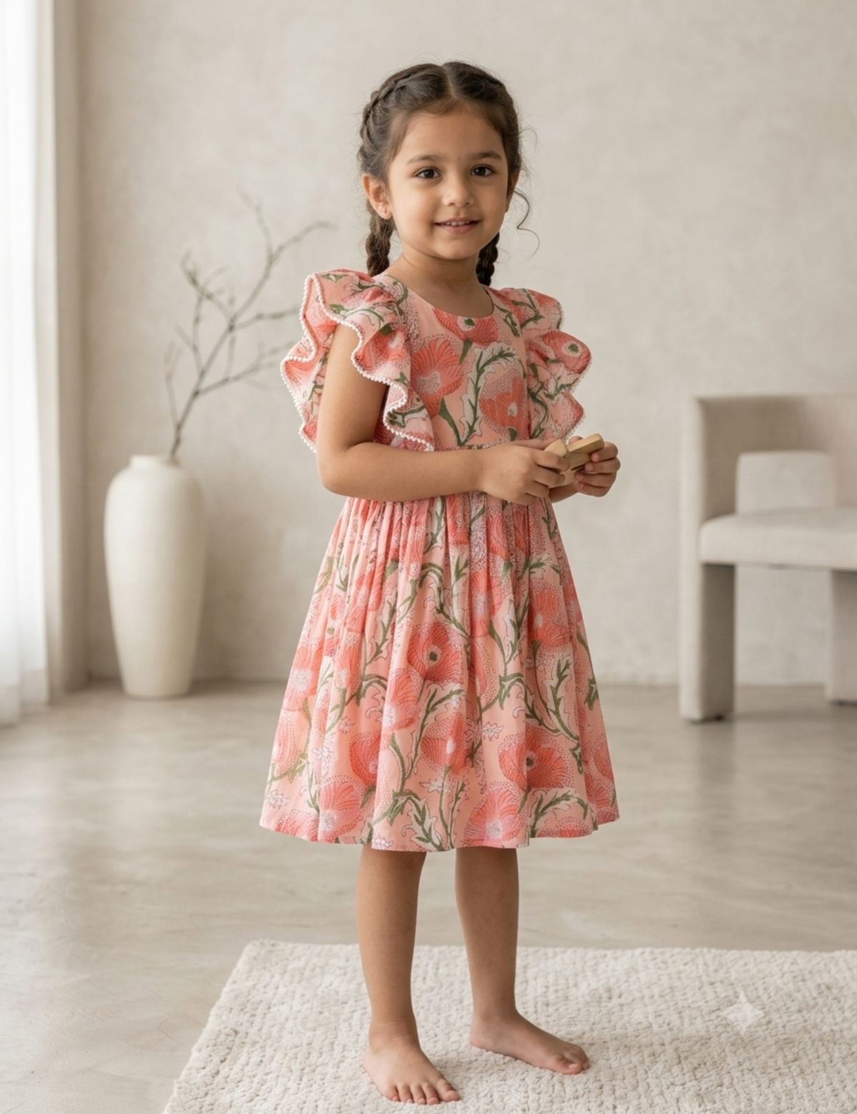 Peach Floral Pure Jaipur Handblock Cotton Dress