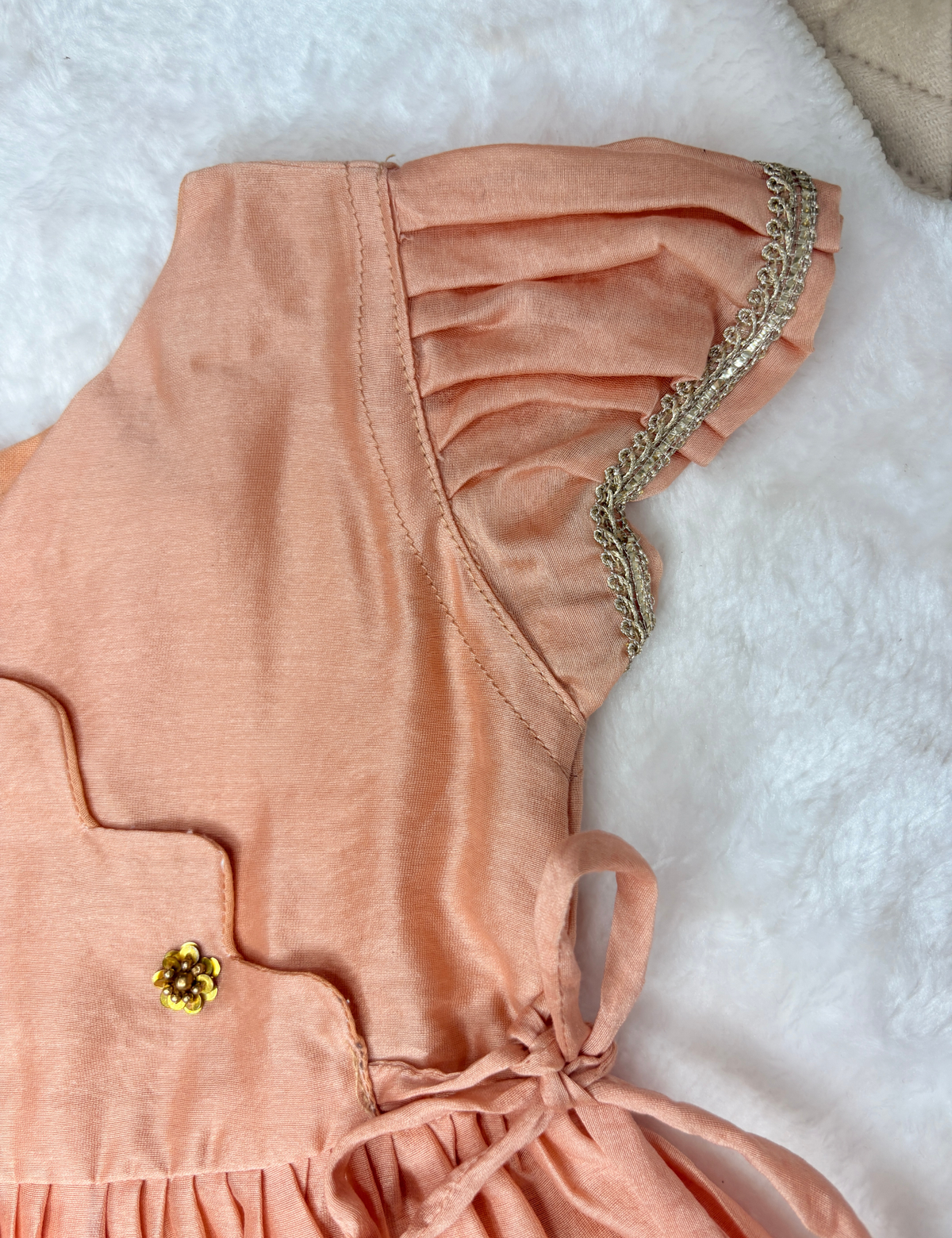 Peach Chanderi Silk Hand-Embroidered Angrakha Frock