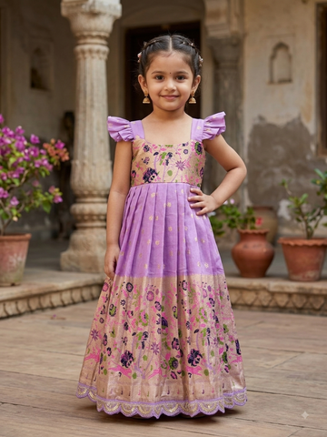 Lavender Paithani Woven Silk Handcrafted Frock