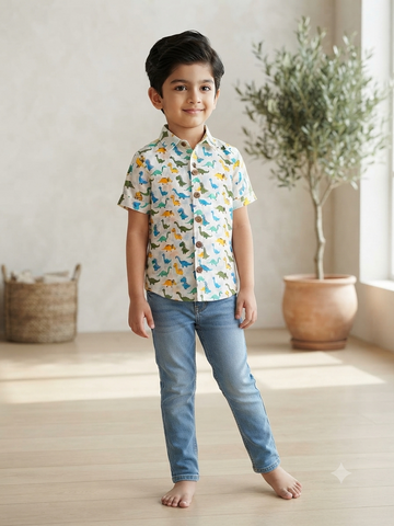 Playful Dinosaur Print Cotton Shirt