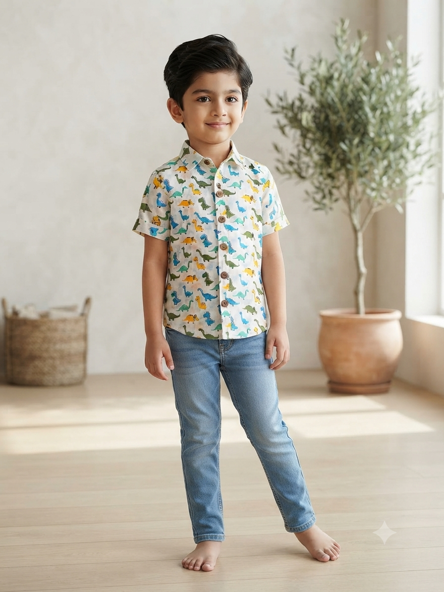 Playful Dinosaur Print Cotton Shirt