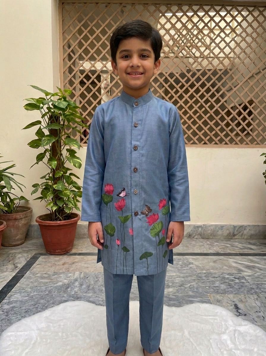 Pure Chanderi Handpainted Lotus Kurta Set for Boys