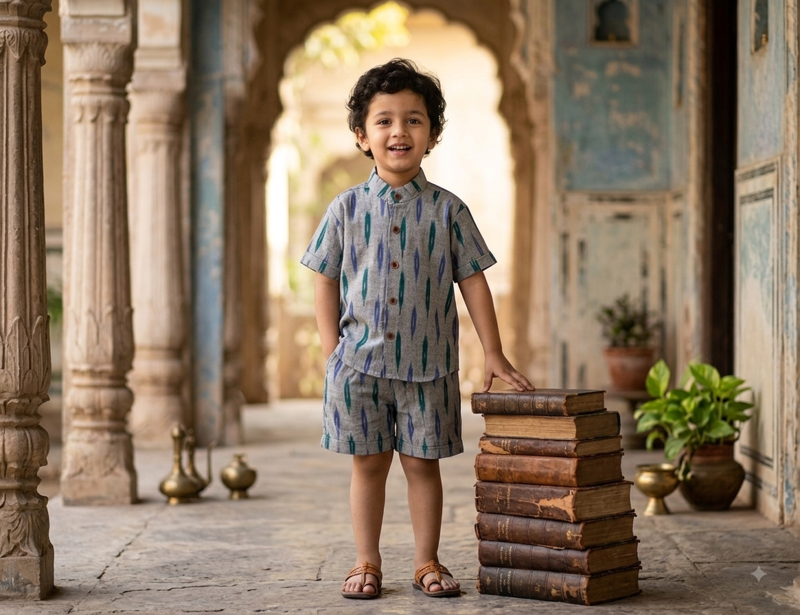 Grey & Teal Handloom Ikat Cotton Co-Ord Set