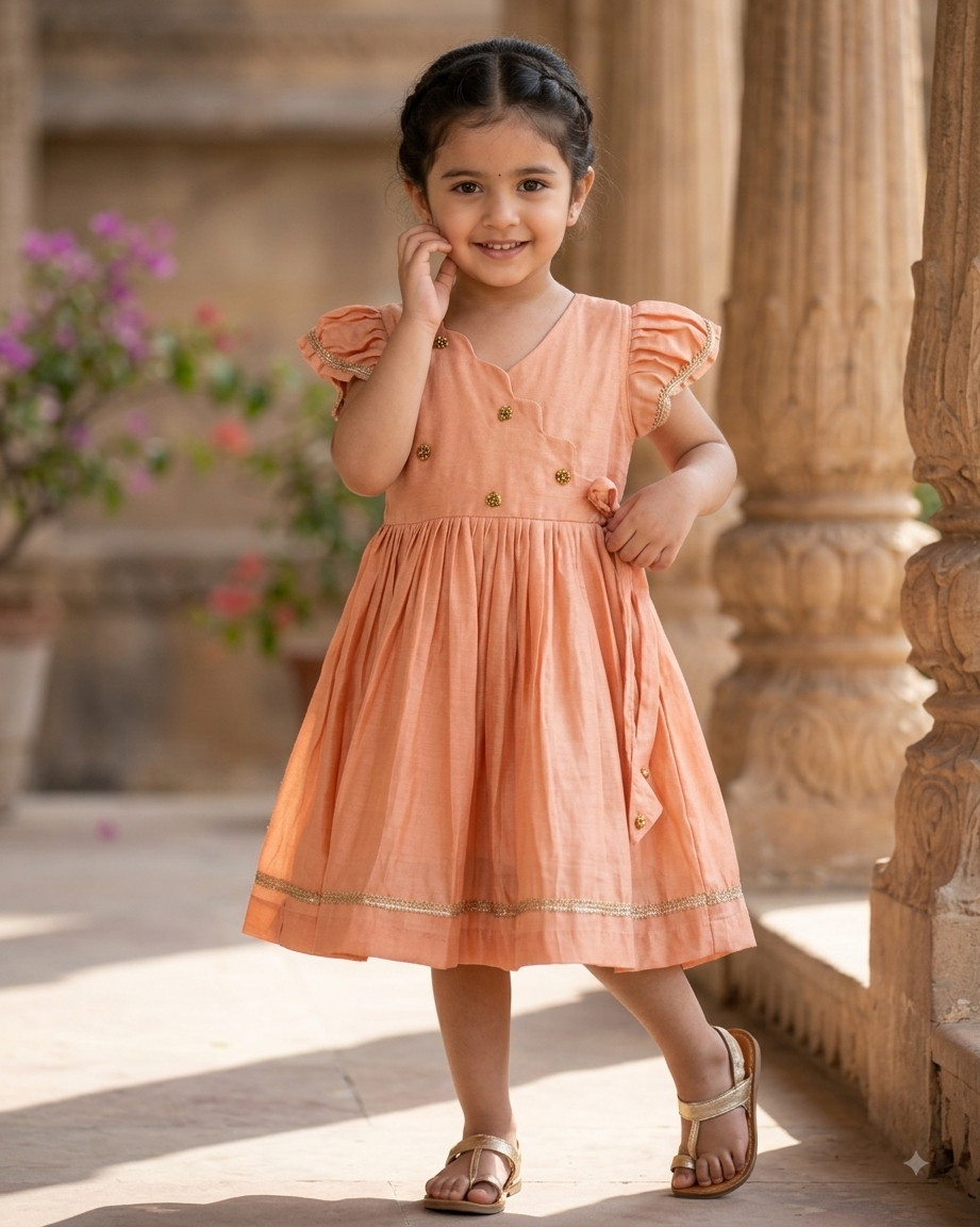 Peach Chanderi Silk Hand-Embroidered Angrakha Frock