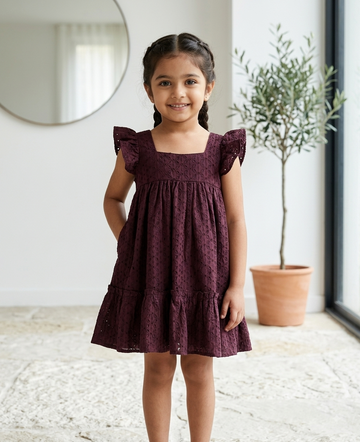 Deep Plum Schiffli / Hakoba Cotton Dress for Girls