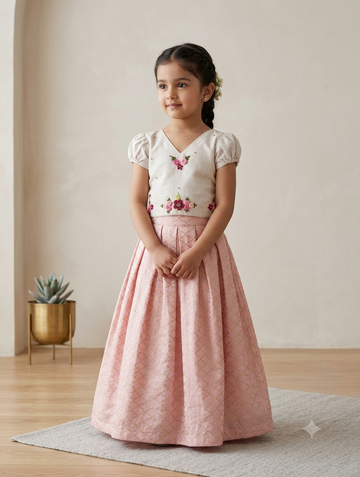 Hand-Embroidered Chanderi Top & Pink Brocade Skirt Set