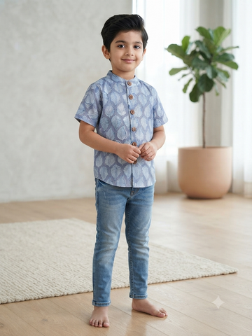 Indigo Leaf Print Cotton Shirt