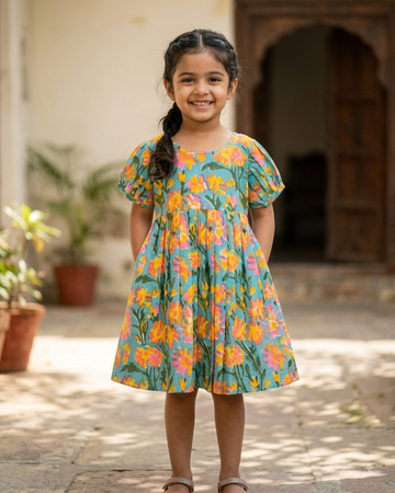 Jaipur Soft Cotton Hand-Block Floral Frill Frock