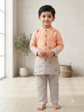 Ombré Peach & Grey Floral Embroidered Kurta