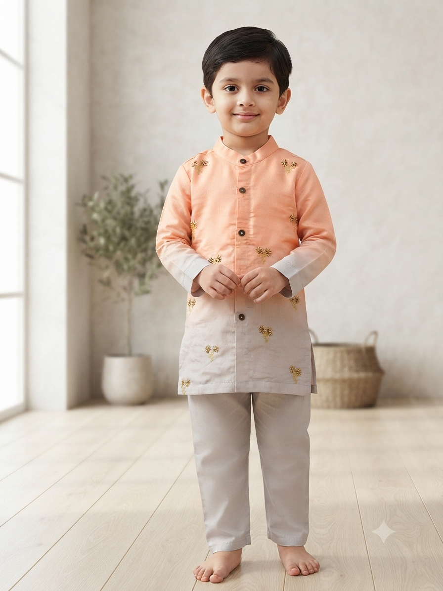 Ombré Peach & Grey Floral Embroidered Kurta