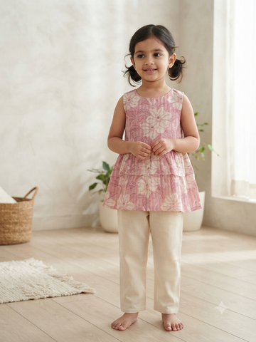 Blossom Pink Cotton Peplum Top & Linen Pant Set
