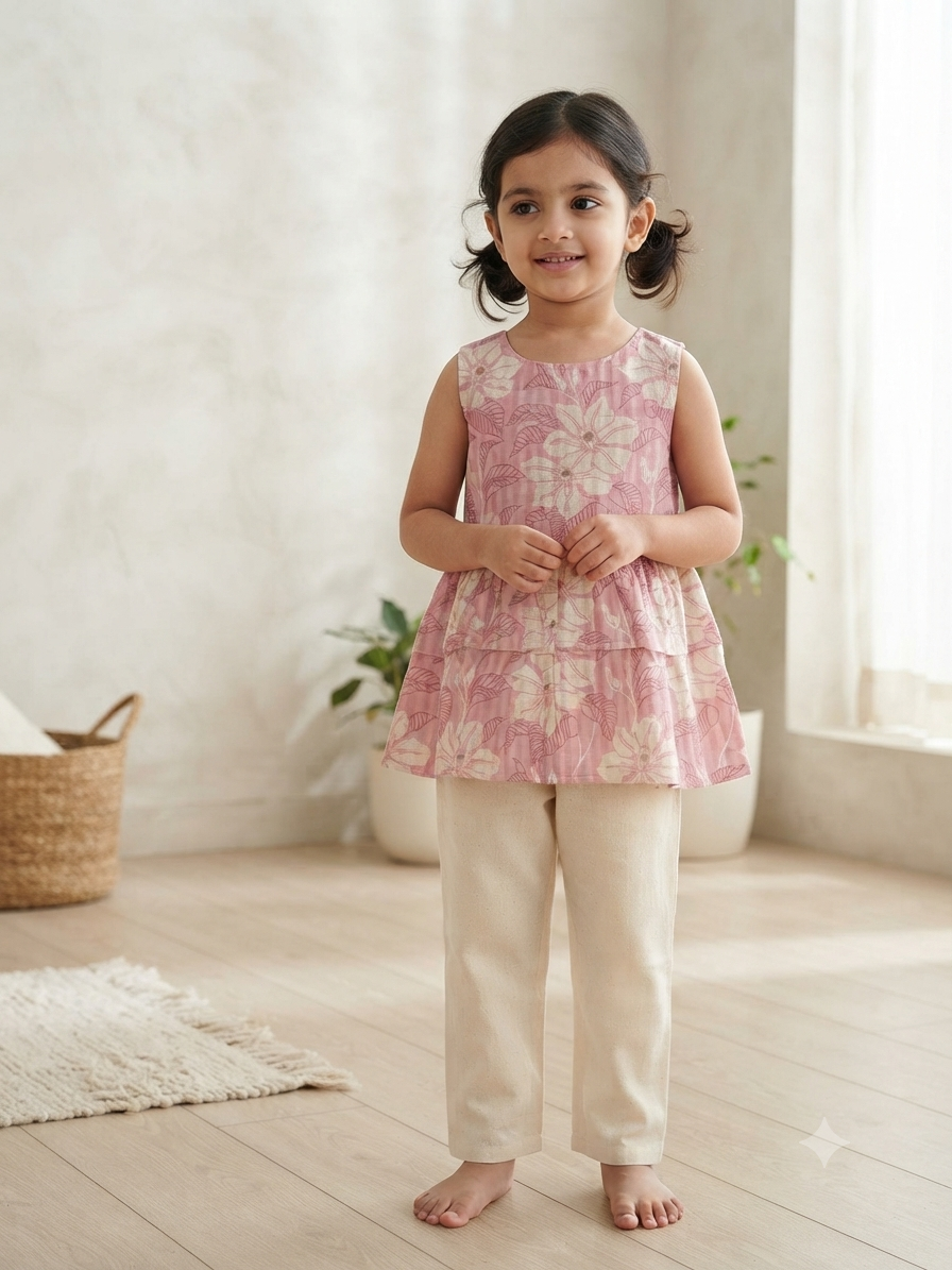 Blossom Pink Cotton Peplum Top & Linen Pant Set