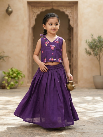 Royal Purple Pure Chanderi Hand-Embroidered Lehenga Choli