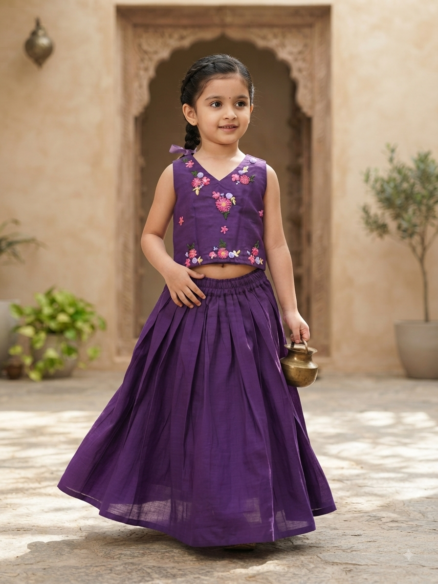 Royal Purple Pure Chanderi Hand-Embroidered Lehenga Choli