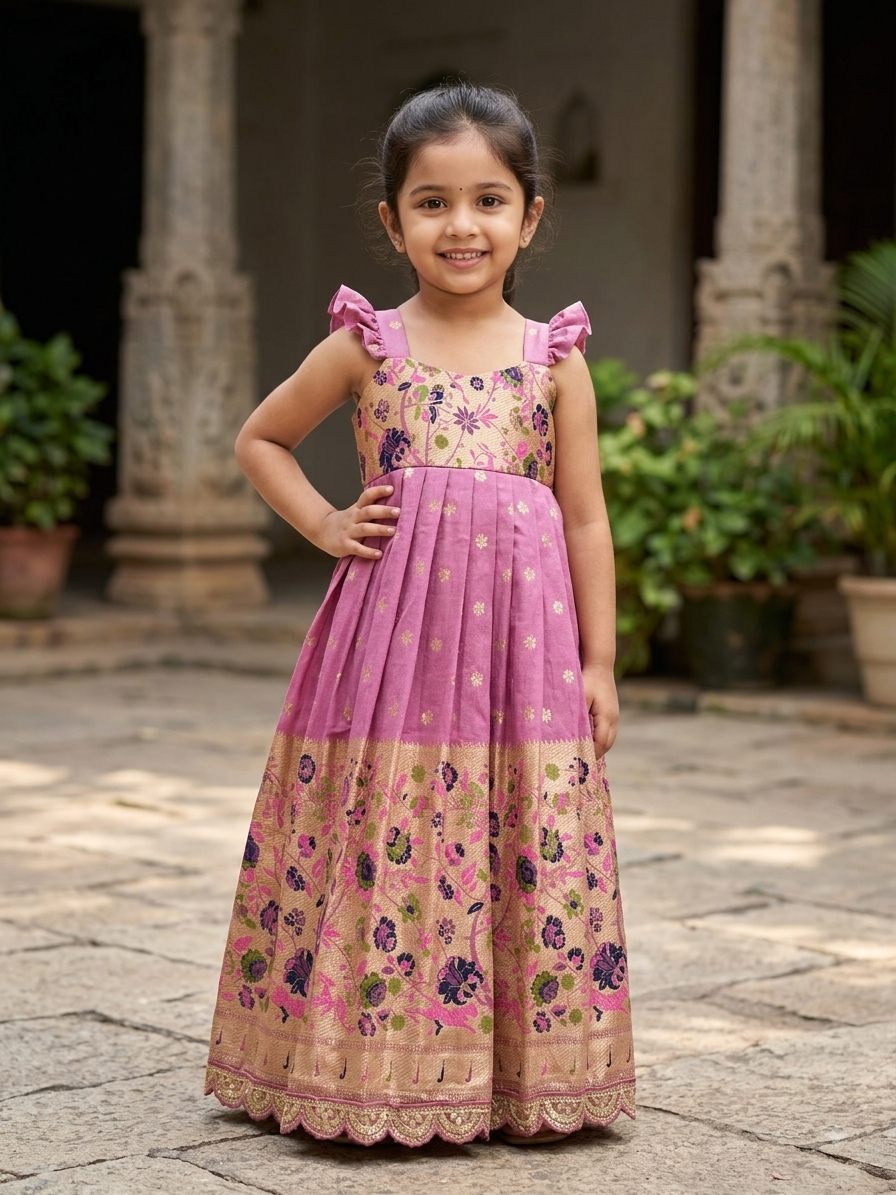 Mauve-Pink Paithani Handcrafted Frock