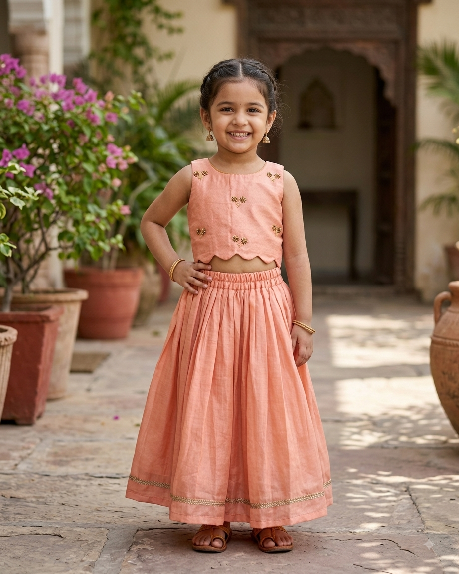 Peach Pure Chanderi Silk Hand-Embroidered Aari Lehenga Set