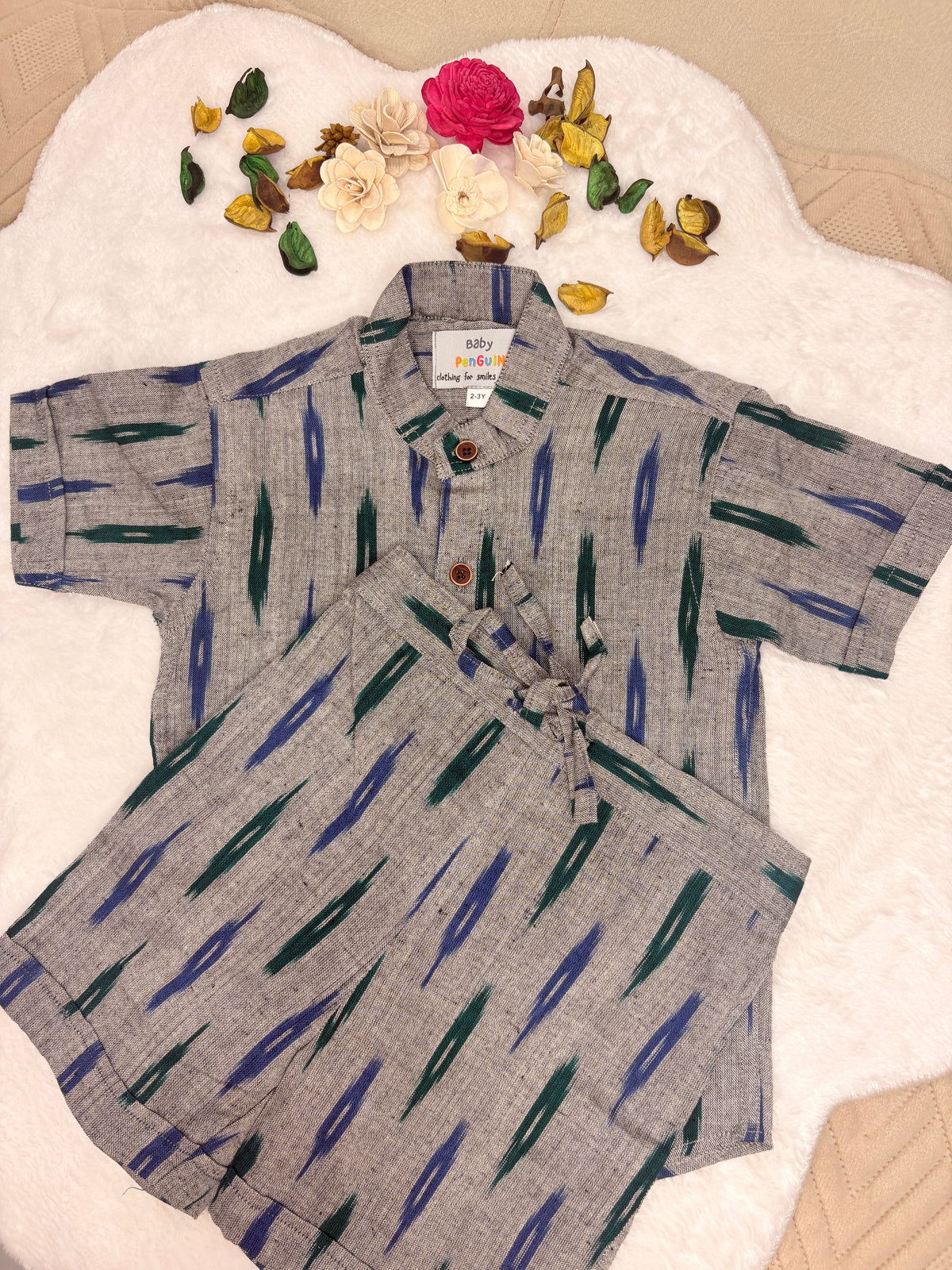 Grey & Teal Handloom Ikat Cotton Co-Ord Set