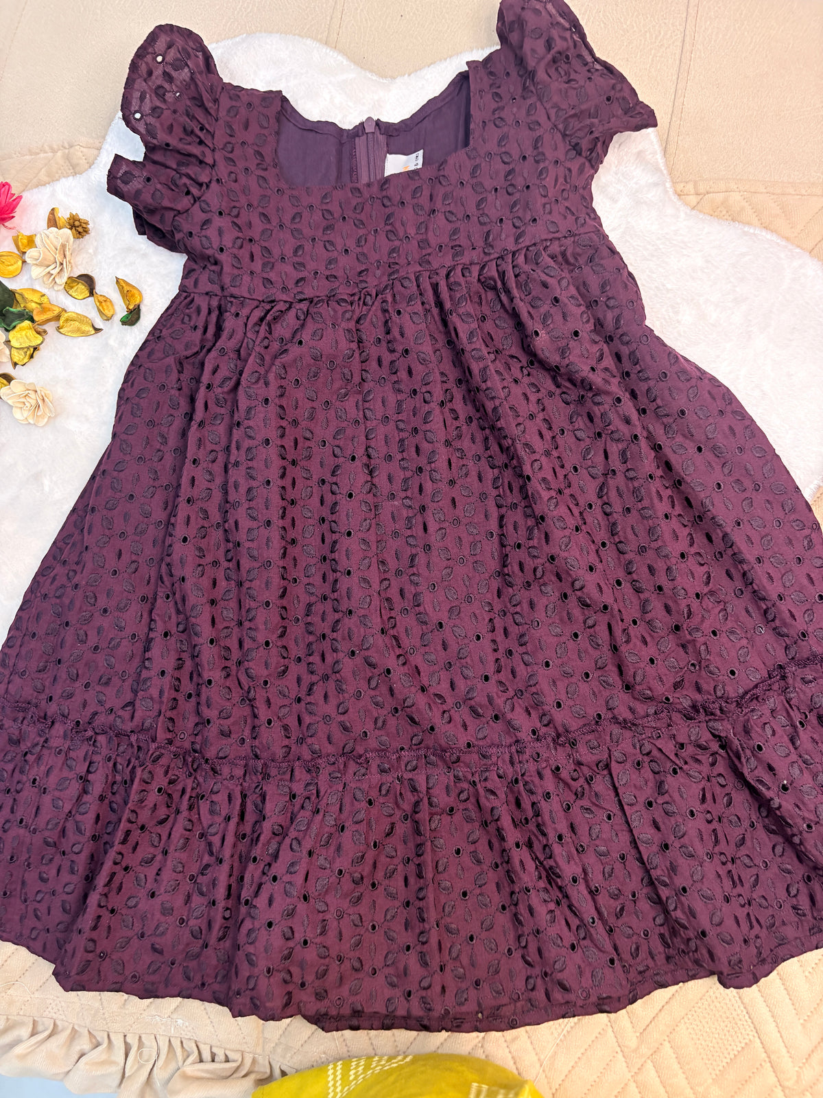 Deep Plum Schiffli / Hakoba Cotton Dress for Girls