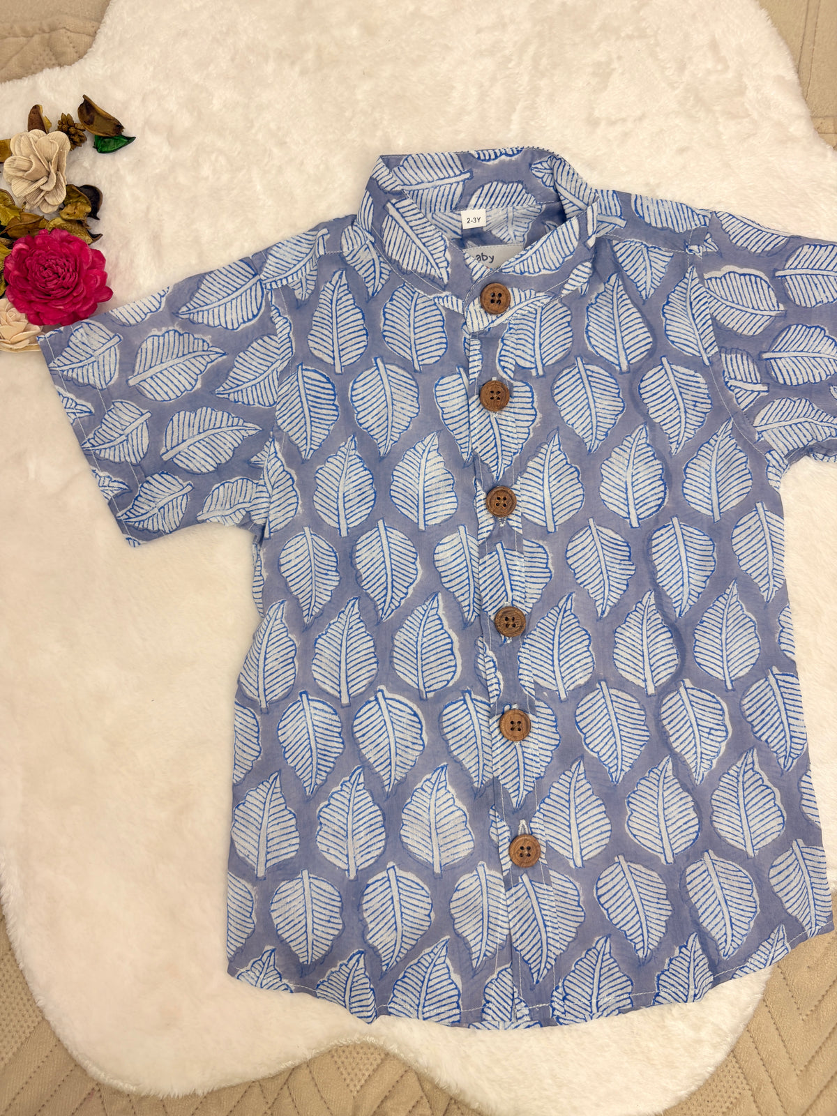 Indigo Leaf Print Cotton Shirt
