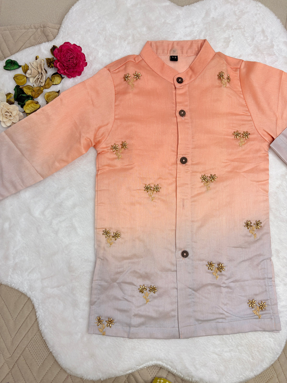 Ombré Peach & Grey Floral Embroidered Kurta