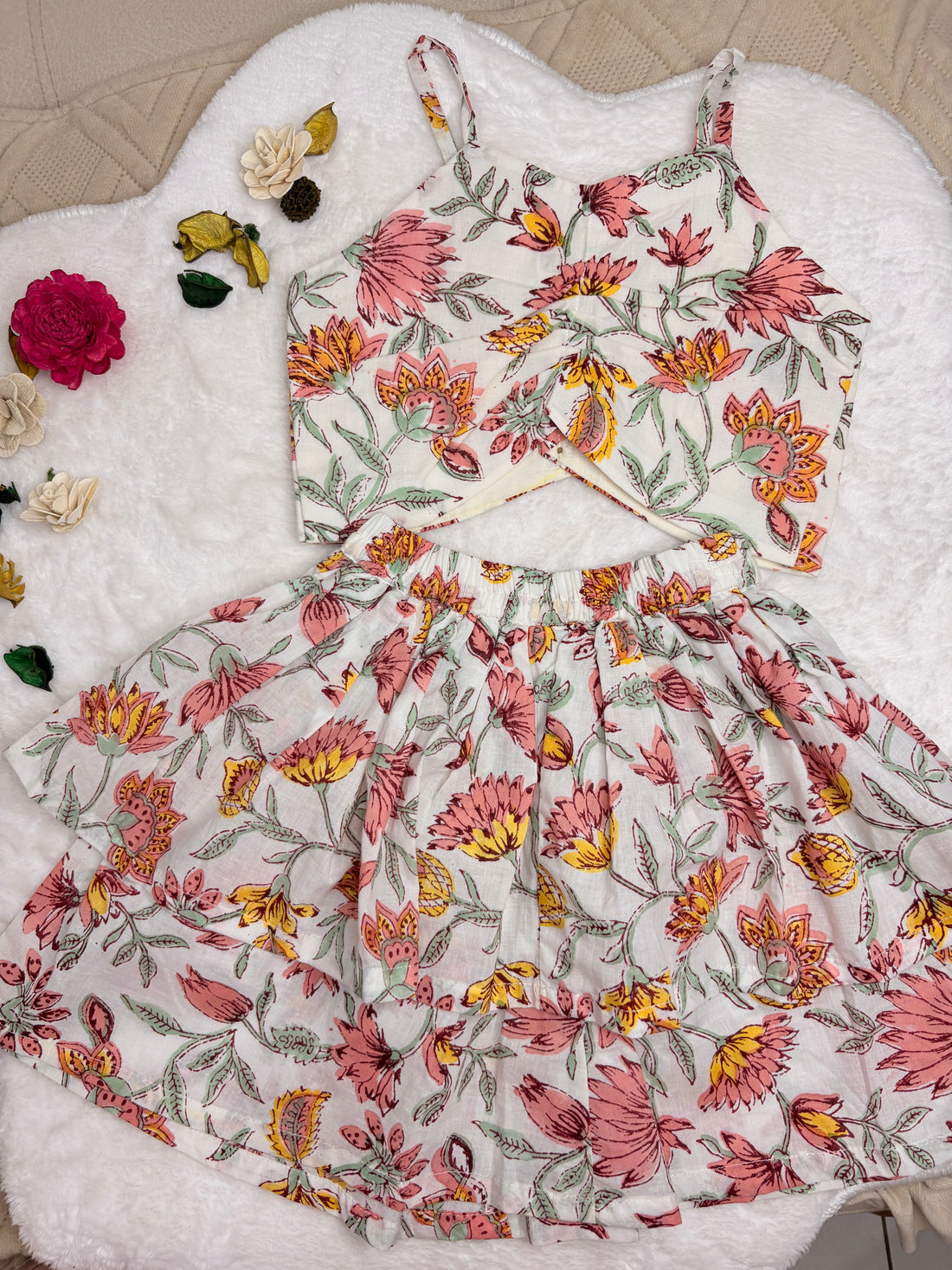Blossom Jaipur Handblock Cotton Crop Top & Tiered Skirt
