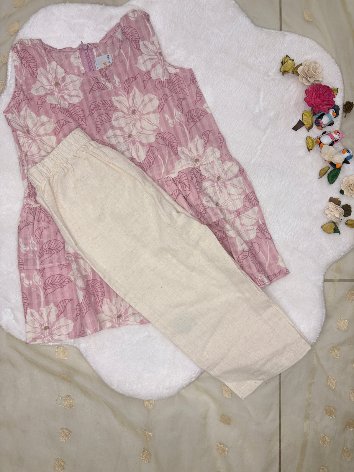 Blossom Pink Cotton Peplum Top & Linen Pant Set