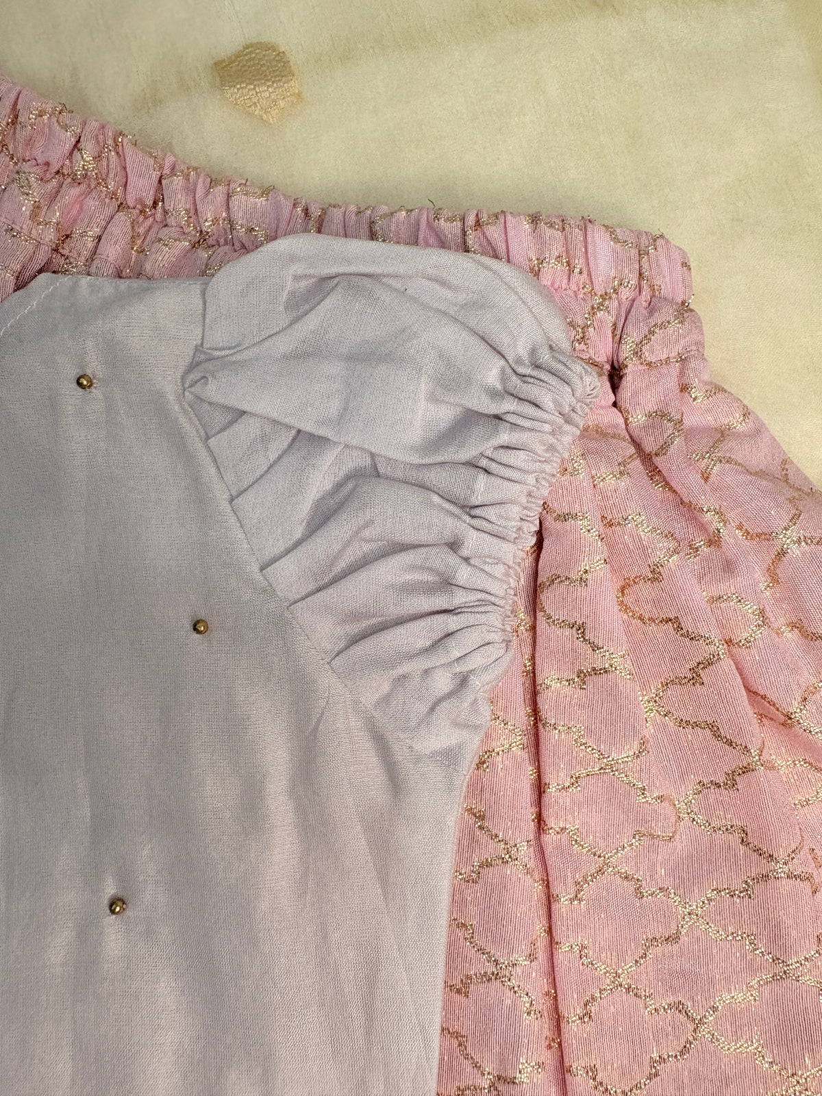 Hand-Embroidered Chanderi Top & Pink Brocade Skirt Set