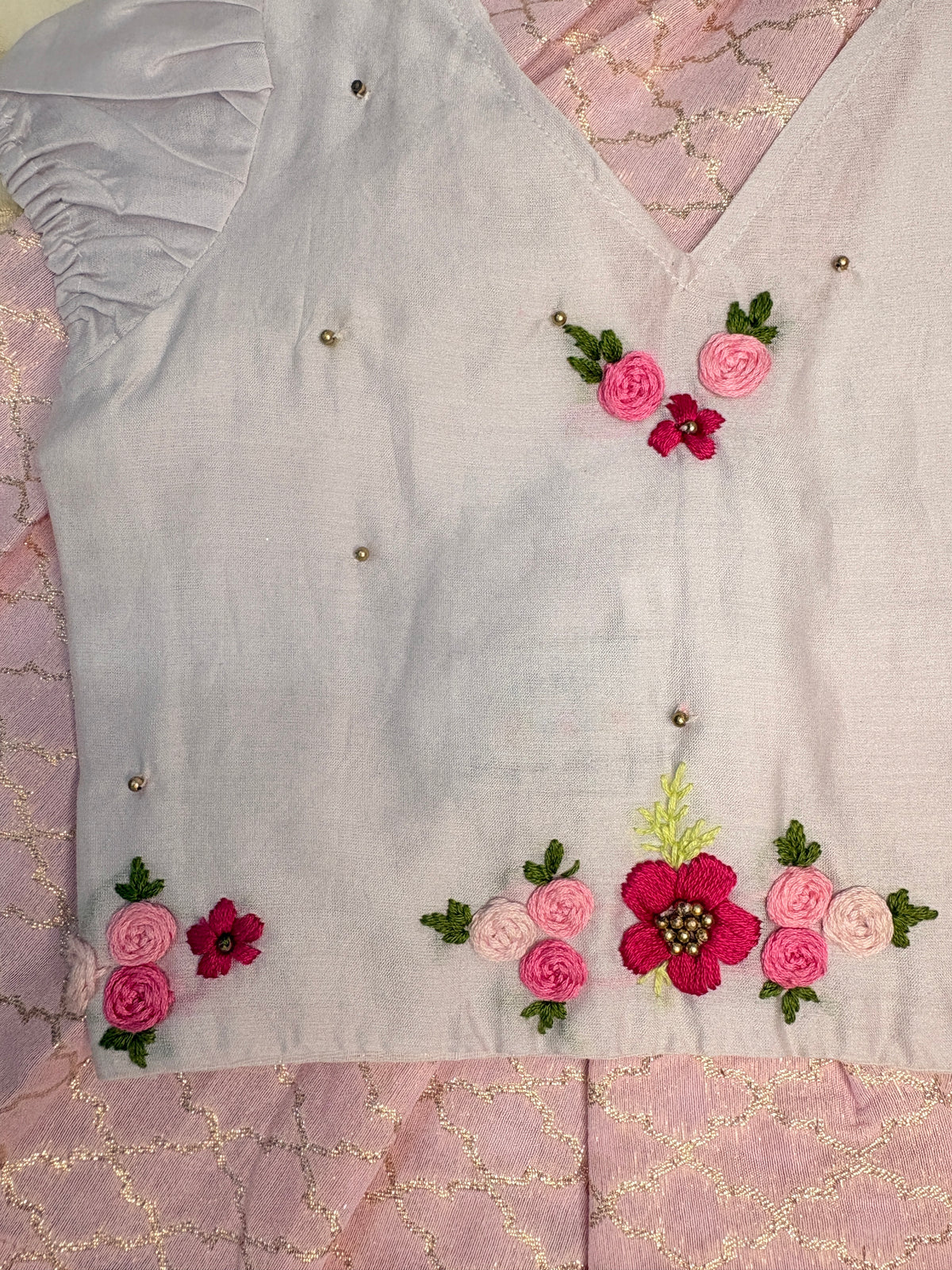 Hand-Embroidered Chanderi Top & Pink Brocade Skirt Set