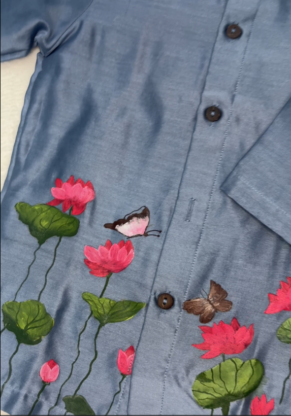 Pure Chanderi Handpainted Lotus Kurta Set for Boys