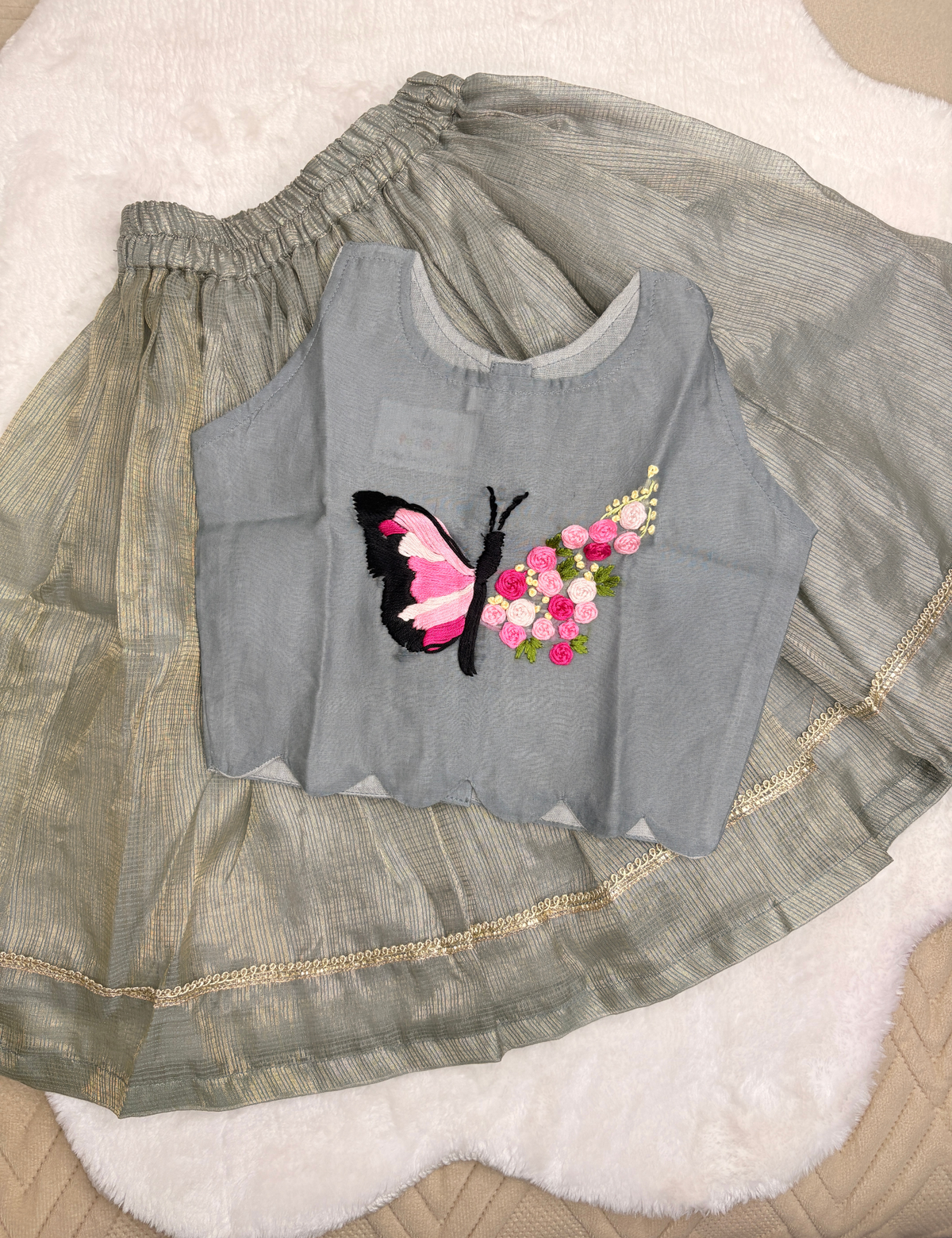 Unique Butterfly Hand-Embroidered Chanderi Top & Kota Silk Skirt Set