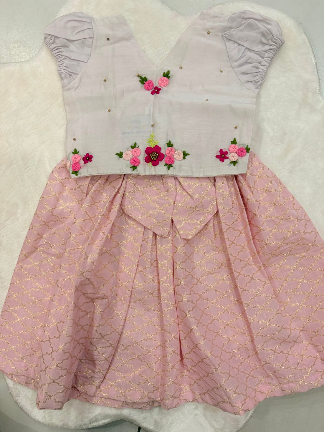 Hand-Embroidered Chanderi Top & Pink Brocade Skirt Set